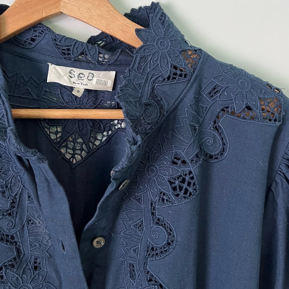 SEA NEW YORK Anita Eyelet Mini Dress in Cotton-linen Navy Size 8 - Picture 6 of 8